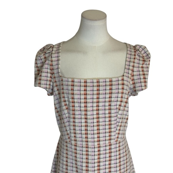 ANN TAYLOR Madras Plaid Puff Sleeve Flare Dress Orange Pink SZ 4 Work Party Mini - Picture 8 of 11